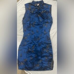 Chic Blue Satin Dress with Gold Floral Design